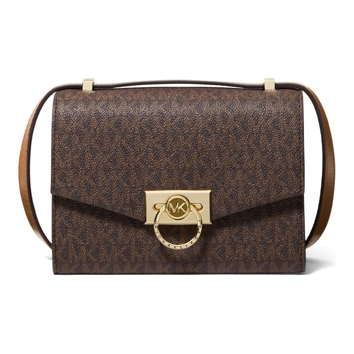 

Michael Kors MK Hendrix Monogram Gold Buckle Flap Crossbody Bag Mini Women bags Dark-Brown 32F0G1HC0B-252 Basic Set (Bag+Dust Bag)