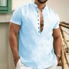Summer New Cotton Linen T-shirt for Men Solid Color Half Button Henley Neck Casual Cozy Simple Style Button Tops