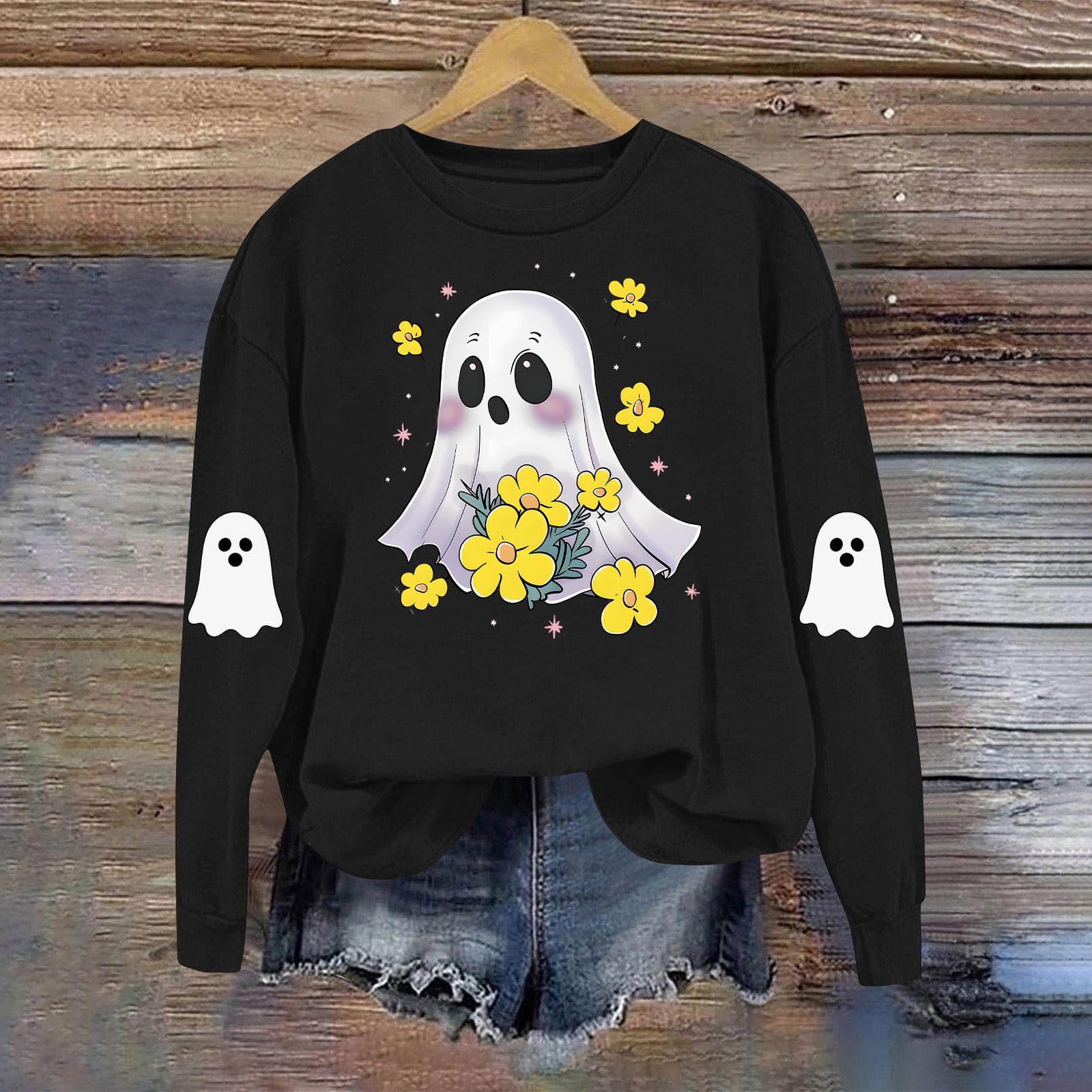 

Женская модная повседневная толстовка с длинным рукавом и принтом на Хэллоуин, с круглым вырезом S чёрный