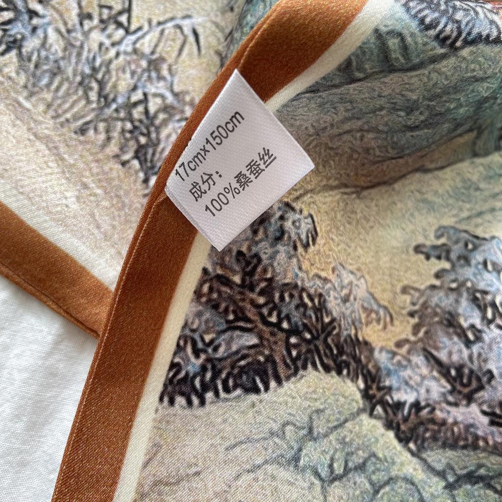 Oil painting, landscape painting, silk silk scarf, women's slender silk scarf, high-end double-layer double-sided streamer, sunscreen shawl
