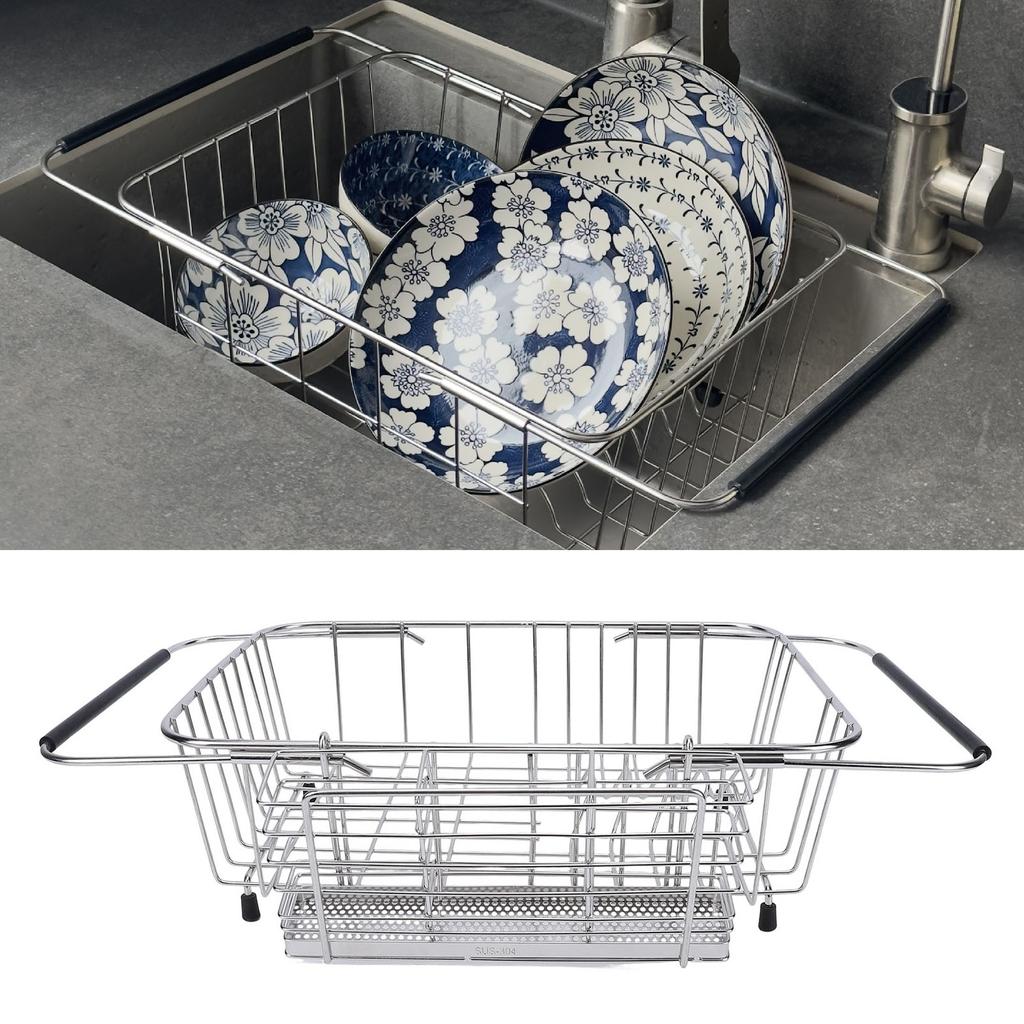  Kitchen Sink Dish Rack with Chopsticks Holder Stainless Steel Expandable Dish Drying Draining Basket 
