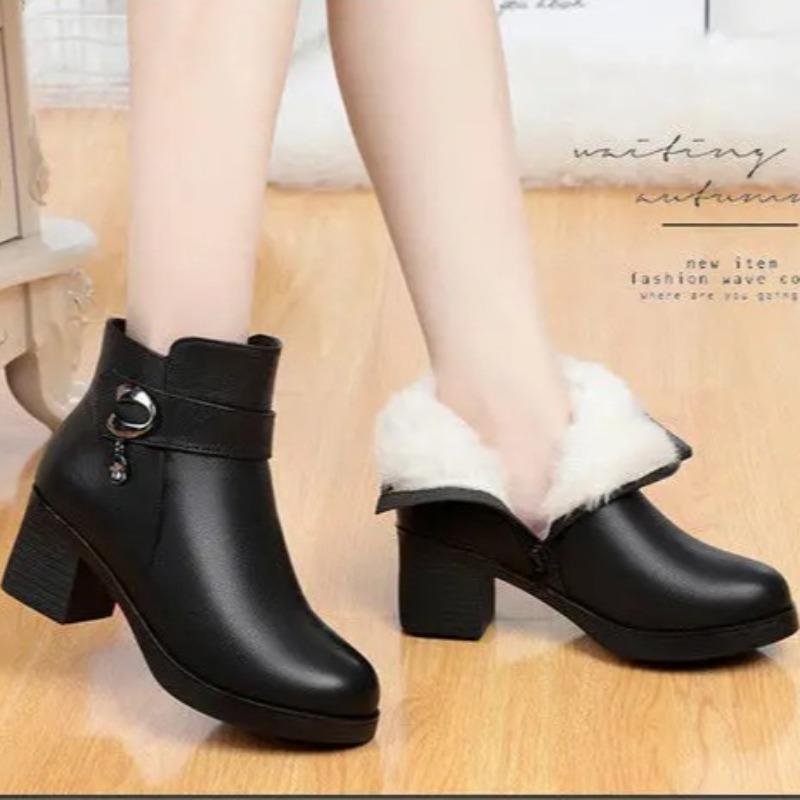 Luxury Women Leather Boots Quality Leather Ankle Boot Thick Wool Warm Winter Boots for Women Plush Warm Snow Booties Botas Mujer