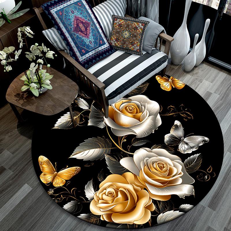 Golden Roses and Butterflies Round Area Rug,Carpet Rug for Living Room Bedroom Sofa Playroom Decor,Non-slip Floor Mat