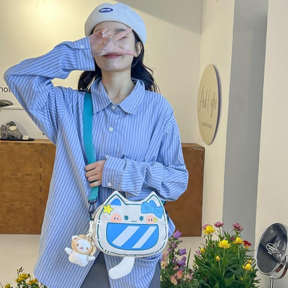 Bowknot Print Cartoon Cat Shoulder Bag Patchwork Cat Shape Coin Purse Bag Students