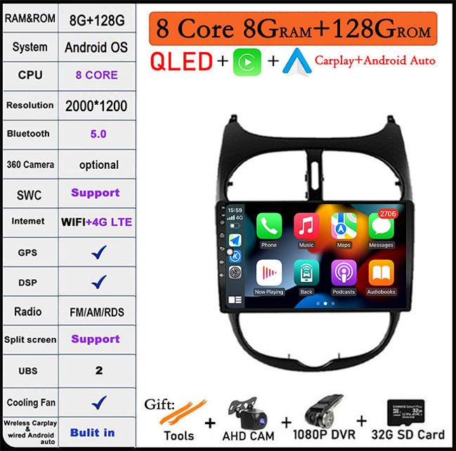 9'' For Peugeot 206 2001 - 2016 Screen/QLED Android 14 Car Radio Multimedia Video Player Navigation GPS 4GLTE 5G WIFI