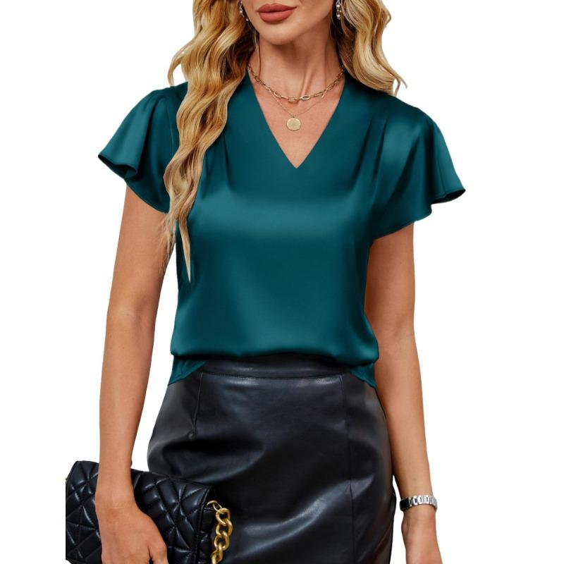 V-Ausschnitt Chiffonbluse Kurzarm Locker sitzendes Hemd