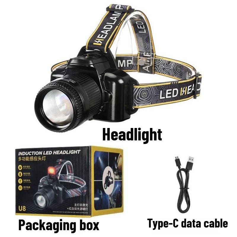 Multifunctional Sensing Powerful LED Headlamp Rotate Telescopic Zoomable Head Torch Outdoor Waterproof Rechargeable Fishing Camping Portable Headlight