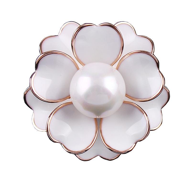 Camellia Pearl Oil Flower Brooch, Grand Carver Button Brooch, Women's Suit Accessory Shawl Button
