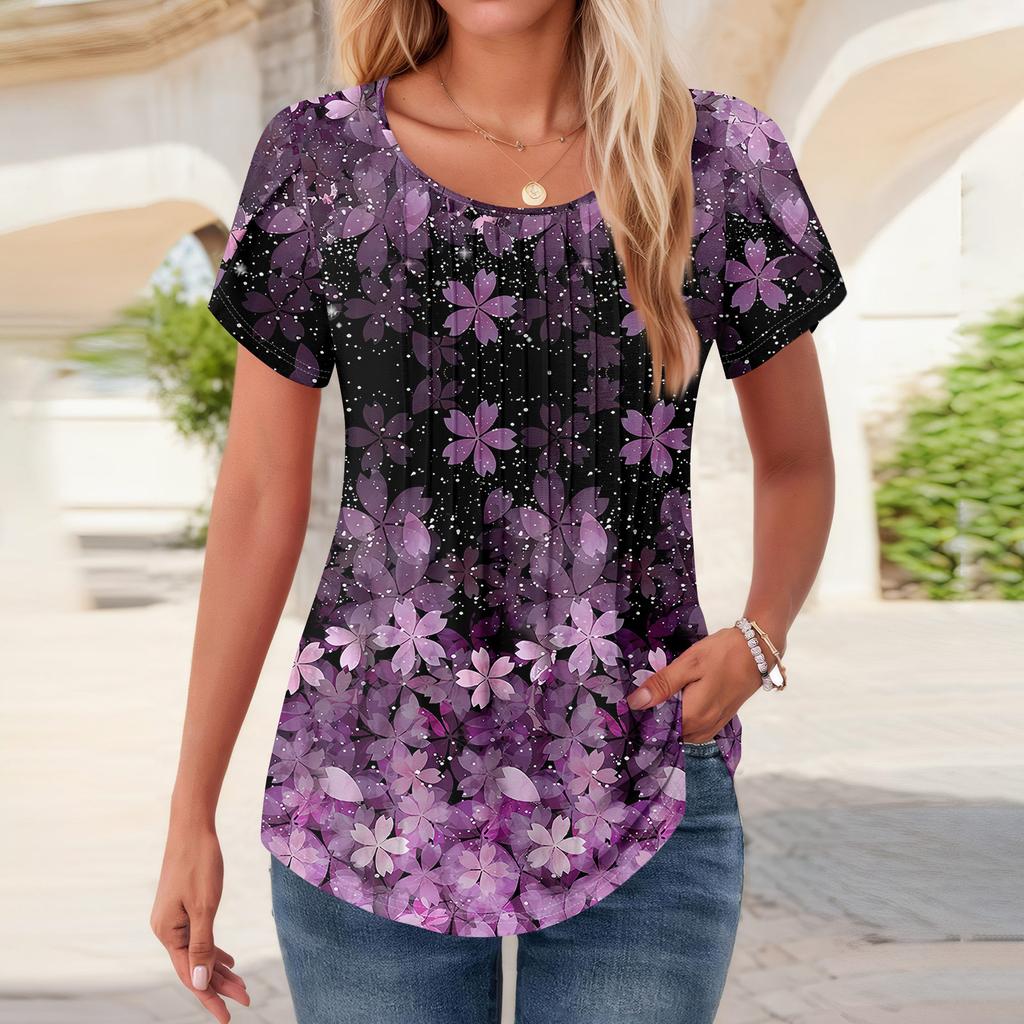 Womens Tops Petal Short Sleeve Summer Round Neck Shirts Floral  Printing Blouses For Women Dressy Casual