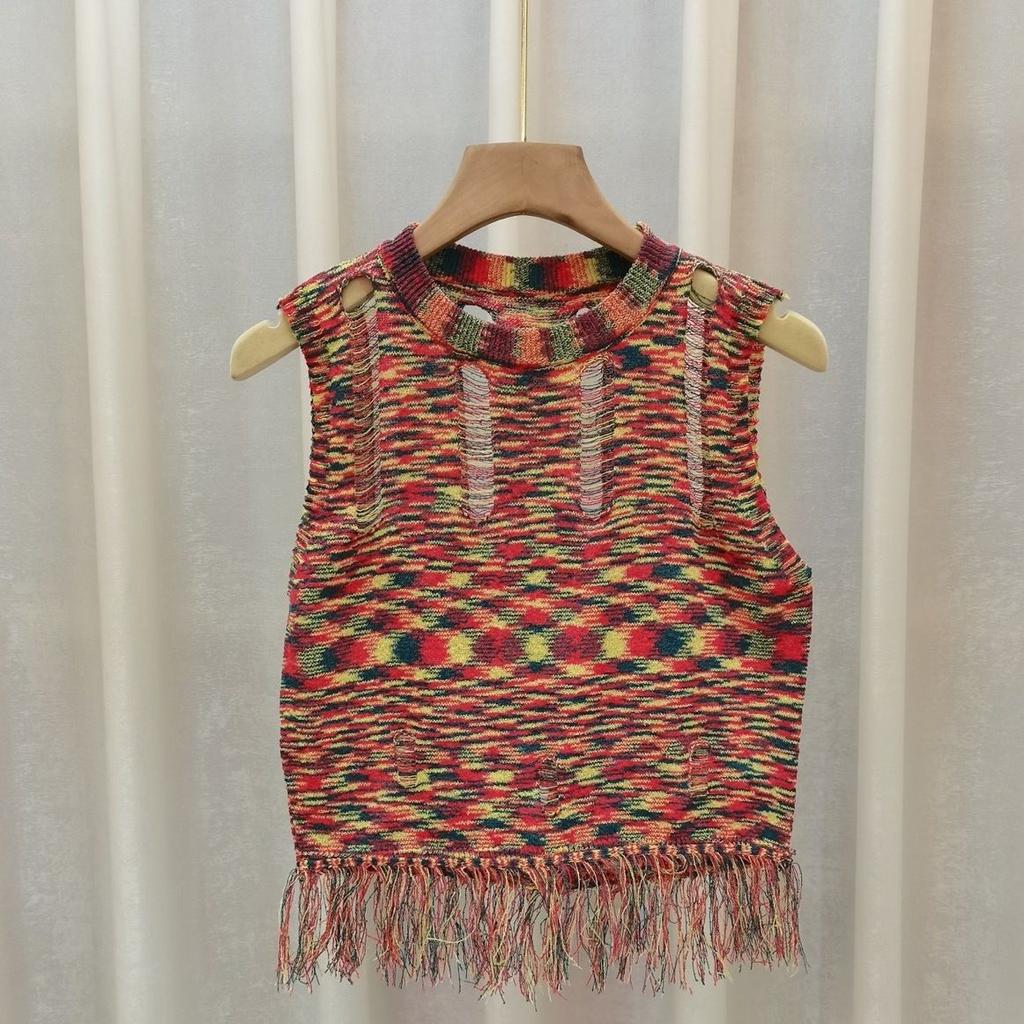 Hollowed-out Sleeveless Vest for Women Thin Style In Summer Unique Design Sense Chic Suitable for Wearing Outside Sexy Su Knitted Top