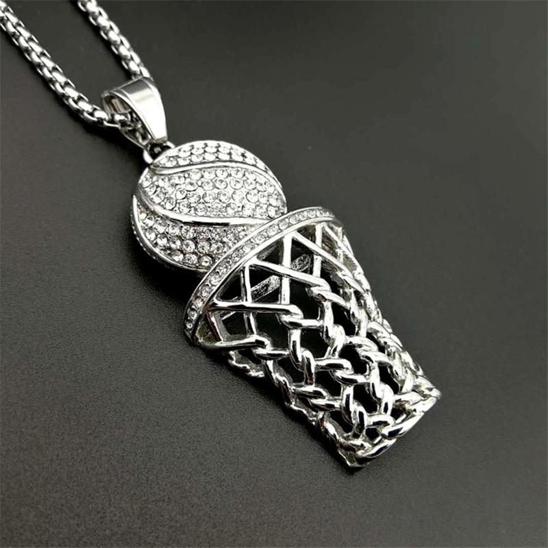 Hip Hop Edelstahl Iced Out Pave Zirkonia Basketball Korb Anhänger mit Ketten Gold Farbe Hip Hop Halskette Schmuck