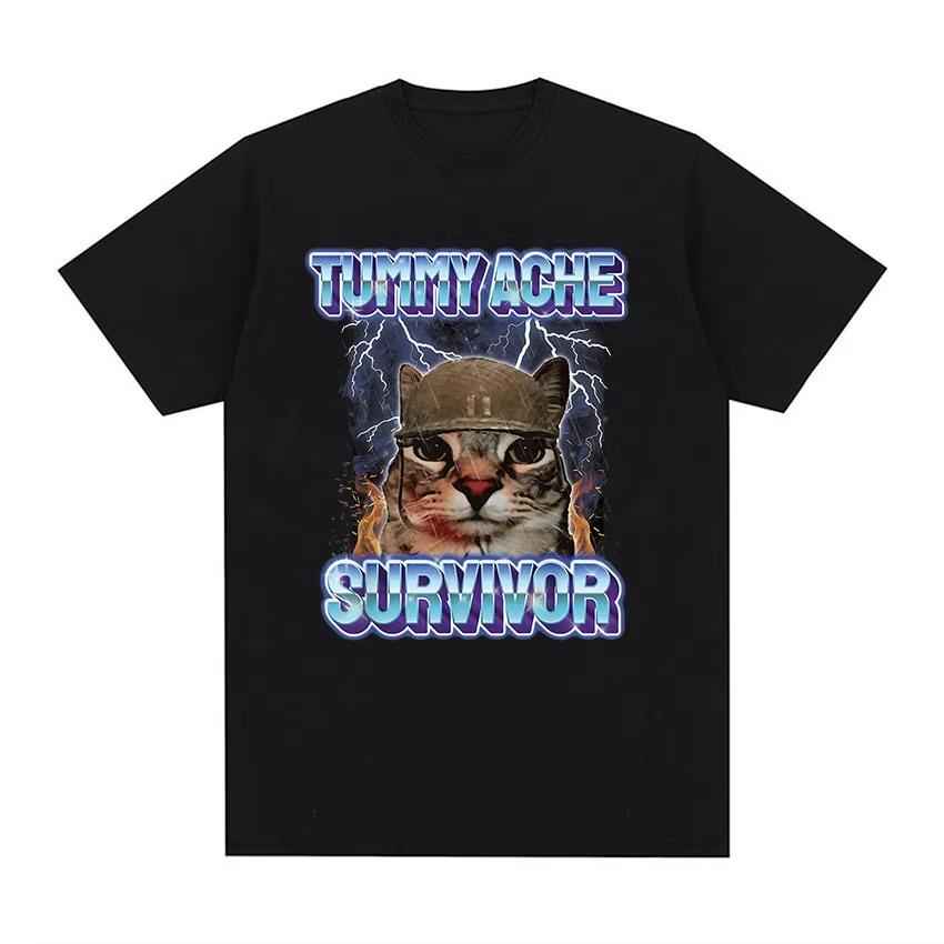 Vintage Tummy Ache Survivor Funny Cat Meme Printed Tee Shirt Women Clothing Fashion Short Sleeve Harajuku Oversized T Shirt