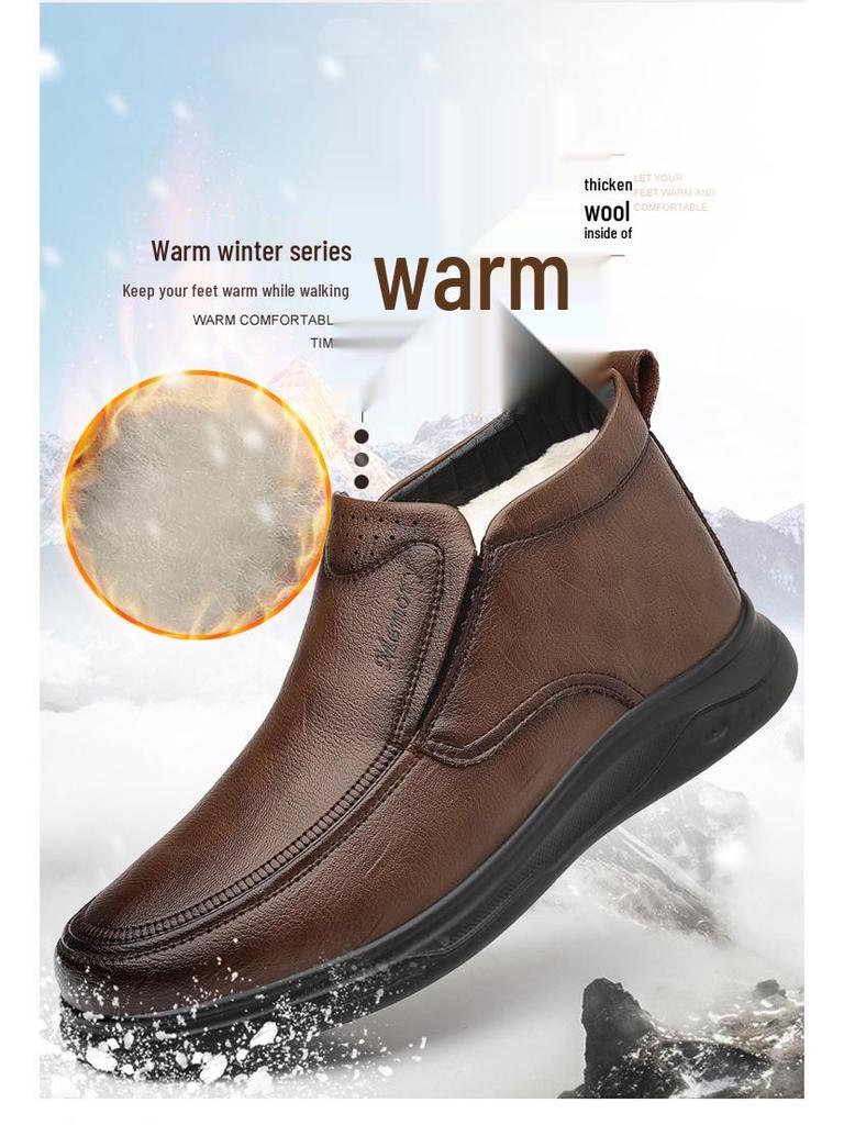 2025 Men's High-Top Leather Business Formal Casual Warm Cotton Shoes for Autumn/Winter
