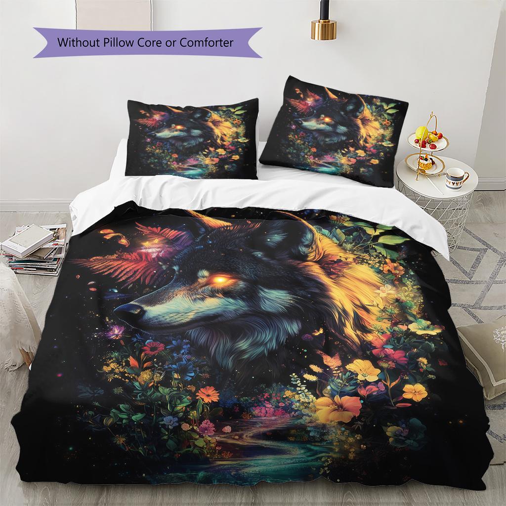 Floral wolf  Pattern Bedding Quilt Set Quilt Cover Pillowcase Home Decoration  Gift (1 * duvet cover + 2 * pillowcase, without core)