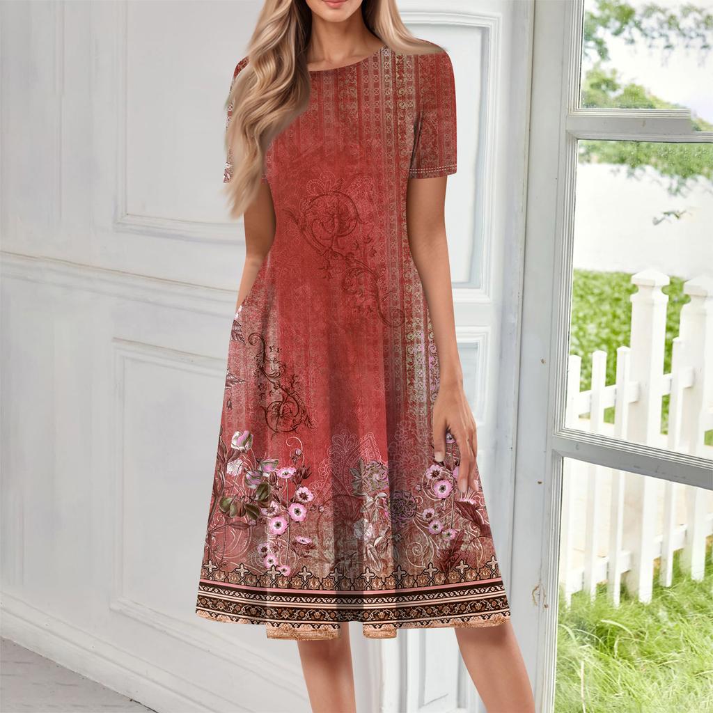 Women Casual Printed Round Neck Long Dress
