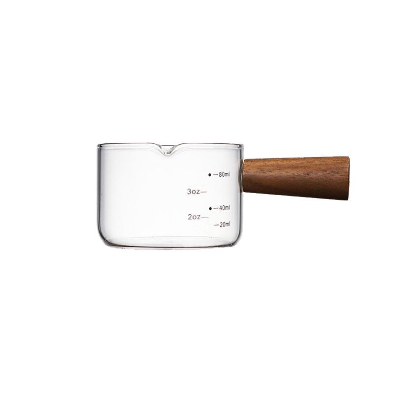 Heat-Resistant Glass Milk Jug with Wooden Handle & Measurement Markings, Ideal for Coffee, Baking & Household Use