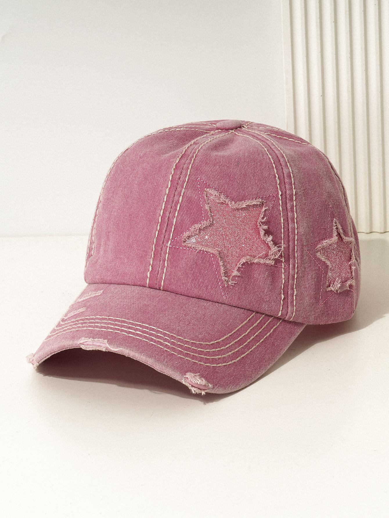 

Стильная унисекс хлопковая бейсболка с эффектом стирки, звездой, изогнутым козырьком и держателем для хвостика M (56-58cm) светло-розовый