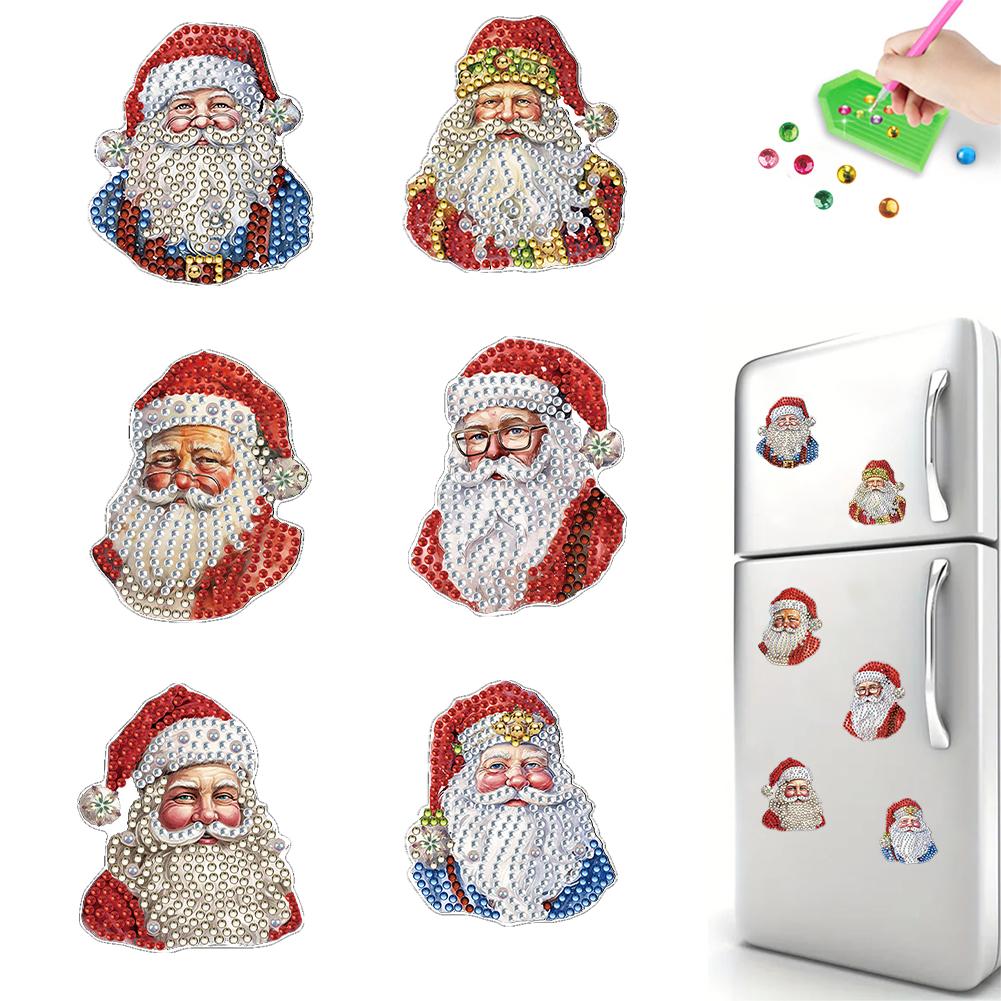 6Pcs Acrylic Special Shape Santa Claus Diamond Art Magnets Decals Diamond Painting Refrigerator Magnet for DIY Crafts Party Gift