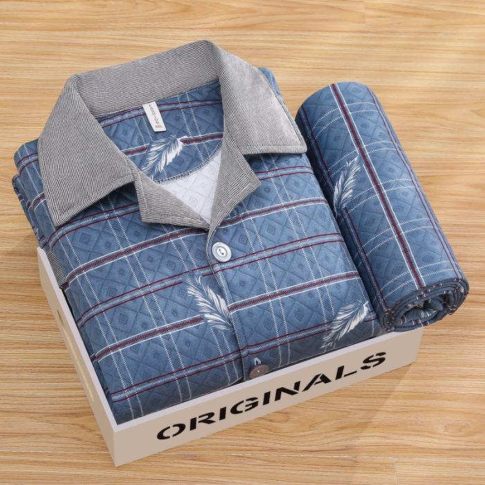 Men's Cotton Plaid Pajamas - Long-Sleeved Cardigan, Lapel, Plus Size, Perfect for Autumn and Winter.
