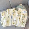 Green Plant Flower Lapel Pajamas Women'S Spring And Autumn Long-Sleeved Trousers Sweet Girl Loungewear Set