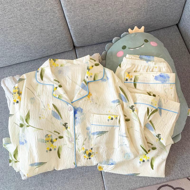 Green Plant Flower Lapel Pajamas Women'S Spring And Autumn Long-Sleeved Trousers Sweet Girl Loungewear Set
