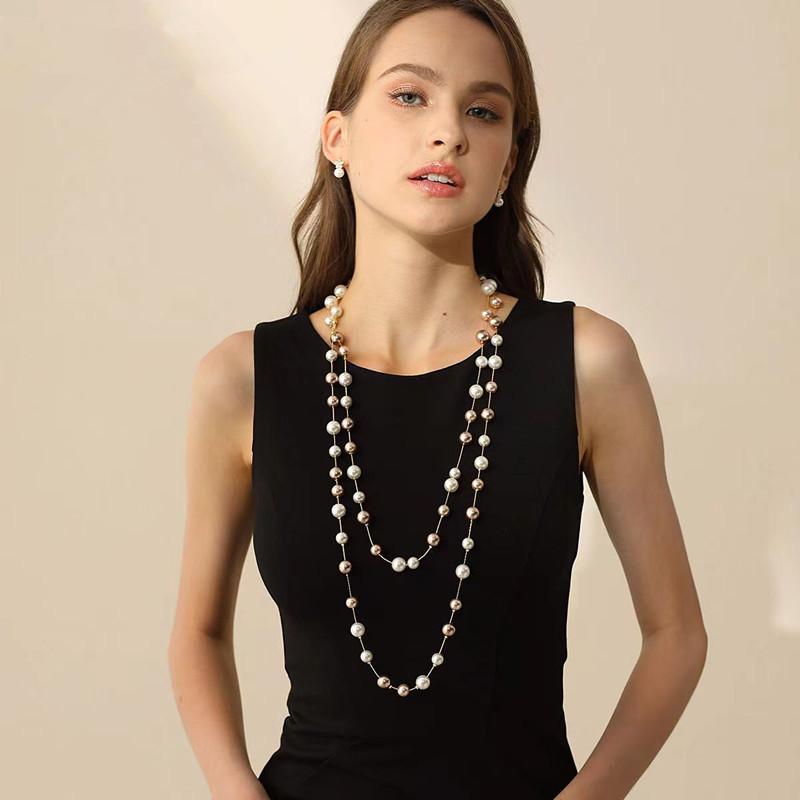JMXD French Chic Elegant Womens Long Glass Pearl Layering Necklace Fashion Versatile Vintage Style Must Have Jewelry