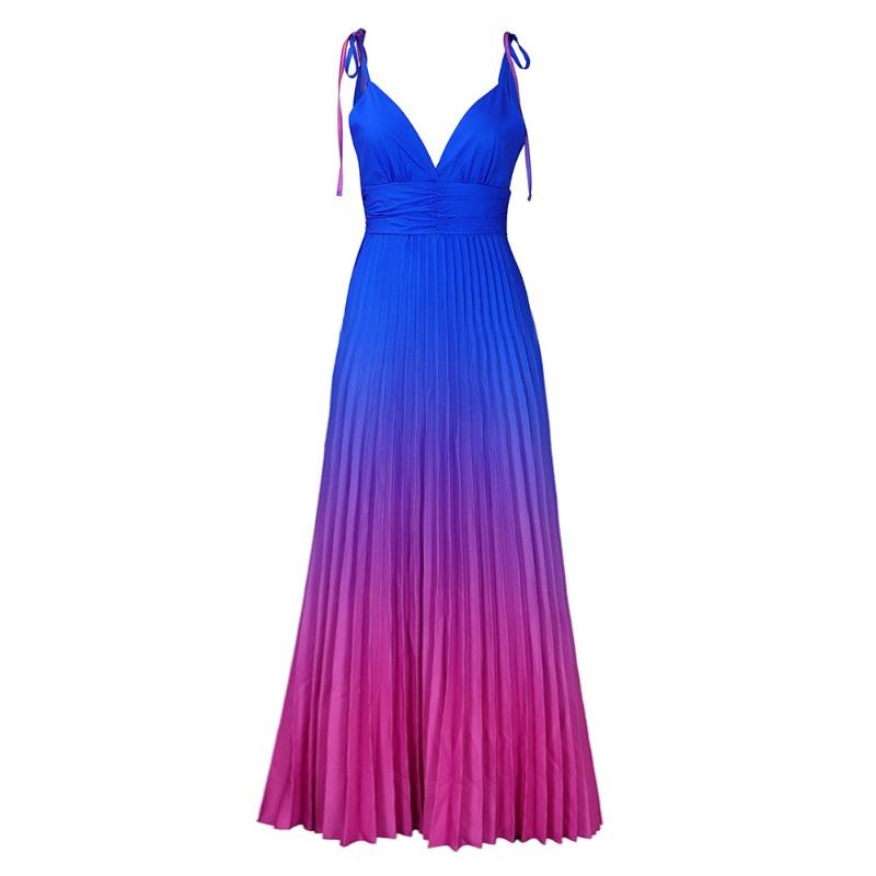 Plus Size Women V Neck Sexy High Waist Gradient Pleated Long Evening Dress