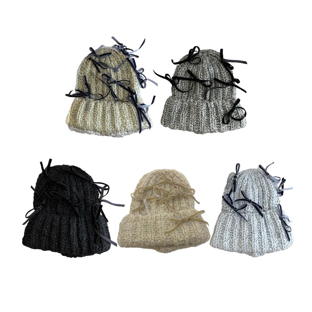 Delicate Velvet Bowknot Beanie Adult Elastic Hat Winter Warmer Knitted Hat Cold Winter Presents for Students Teenagers