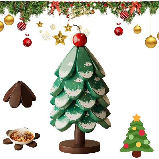Set di Sottopentola Albero di Natale in Legno Naturale Tappetino Isolante Tavolo da Pranzo in Legno Massiccio Tappetino Anti Scottatura Pentola Regalo Festivo Creativo e Personalizzato Casa