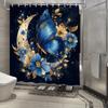 1Pc Celestial Fantasy Art Shower Curtain - Blue Butterfly With Golden Accents On Crescent Moon And Blue Flowers, Polyester Fabri