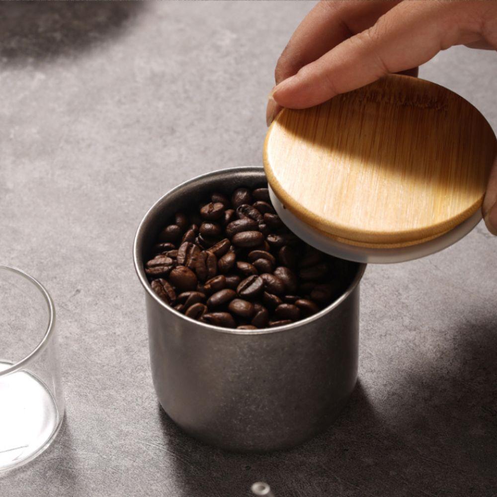 Retro Style Coffee Storage Jar 304 Stainless Steel Woodiness Lid Coffee Bean Storage Round Shape Seal Making Tea Can Kitchen Use