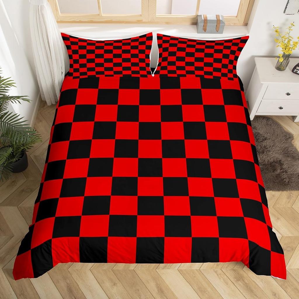 Geometric Abstract Duvet Cover Full King Checkered Bedding Set Aesthetic Checkerboard Plaid Comforter Cover for Boys Girls Teen