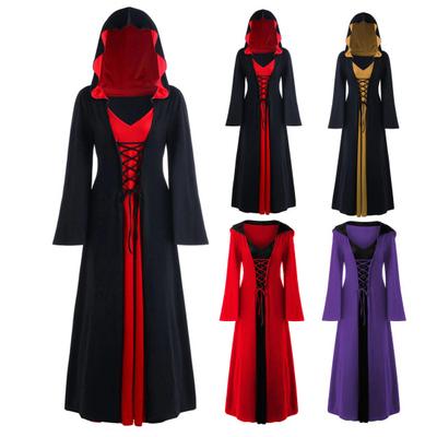 Damska sukienka cosplay w ciemnym stylu na imprezę halloweenową, kostium czarownicy, sznurowany pasek, kaptur, dopasowane kolorystycznie, długie rękawy, sukienka o linii A
