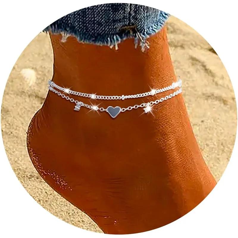 

Sliver Plated CZ Anklet Bracelets for Women Girl Trendy New Waterproof Heart Charm Dainty Layer Chain Anklets Jewelry Gifts