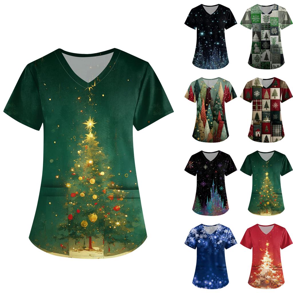 Women's Printing Uniform Work Uniform V-neck Pockets Basic Short Sleeve Pullover Top