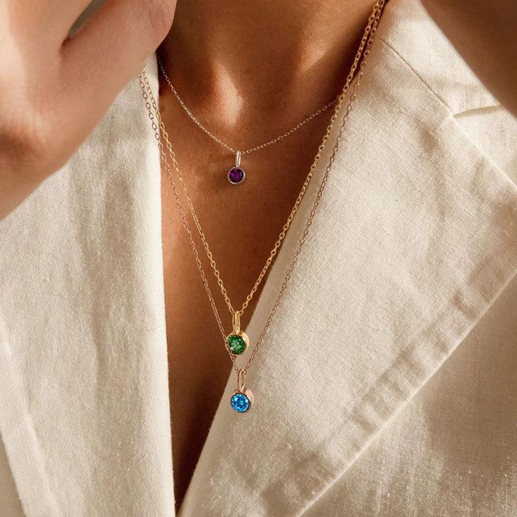 European & American Luxury Colorful Rhinestone Pendant Necklace - December Birthstone Stainless Steel Jewelry
