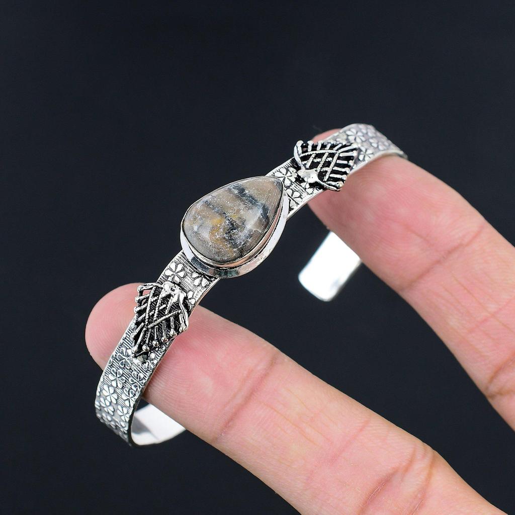 Natural Spider Web Jasper Gemstone Bangle Adjustable 925 Silver For Women