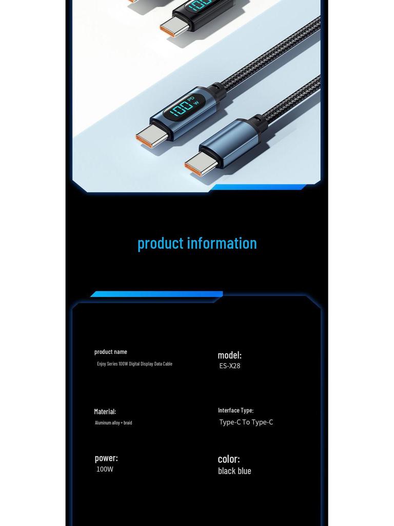 PD100W Type-C To Type-C Fast Charging Cable with Digital Display for Phones and Laptops