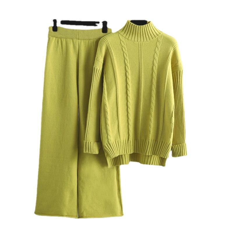 Knitted 2 Piece Set Women's Thick Warm Casual Pullover Sweaters+Wide Leg Pants Tracksuits Outfits Autumn Winter