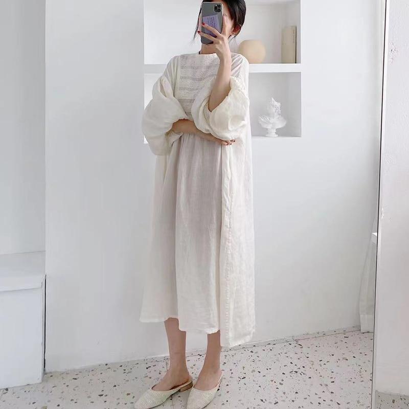 Johnature Rochii de in dantelă vintage mozaic femei de vară rochie de femeie de culoare solidă cu mânecă lanternă