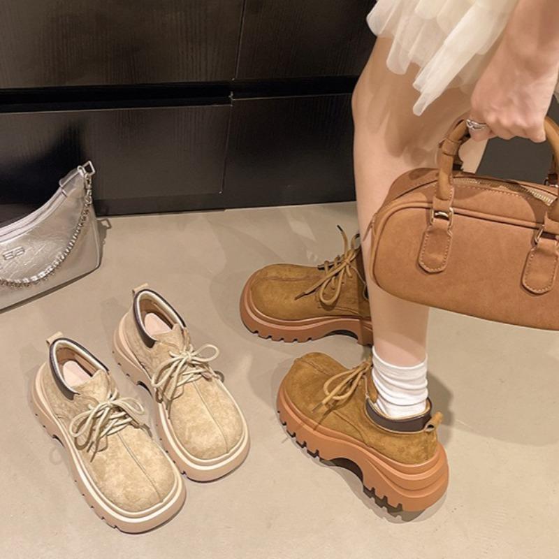 Fashion New Women Shoes Designer Large Head Platform Shoes Suede Casual Footwear Lace Up Platform Single Shoes British Style Short Boots