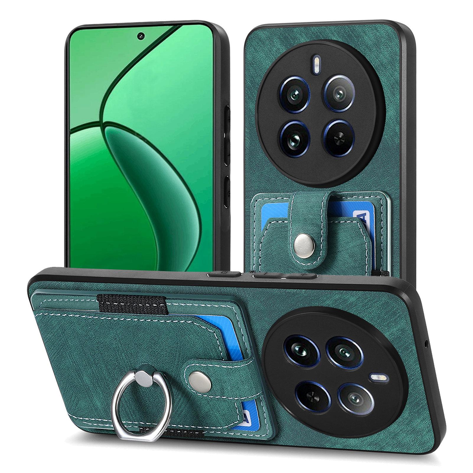 

D2 For Realme 12 4G/12+ 5G Retro Case Ring Holder Kickstand Leather+TPU Non-Slip Protective Cover Card Slots Green