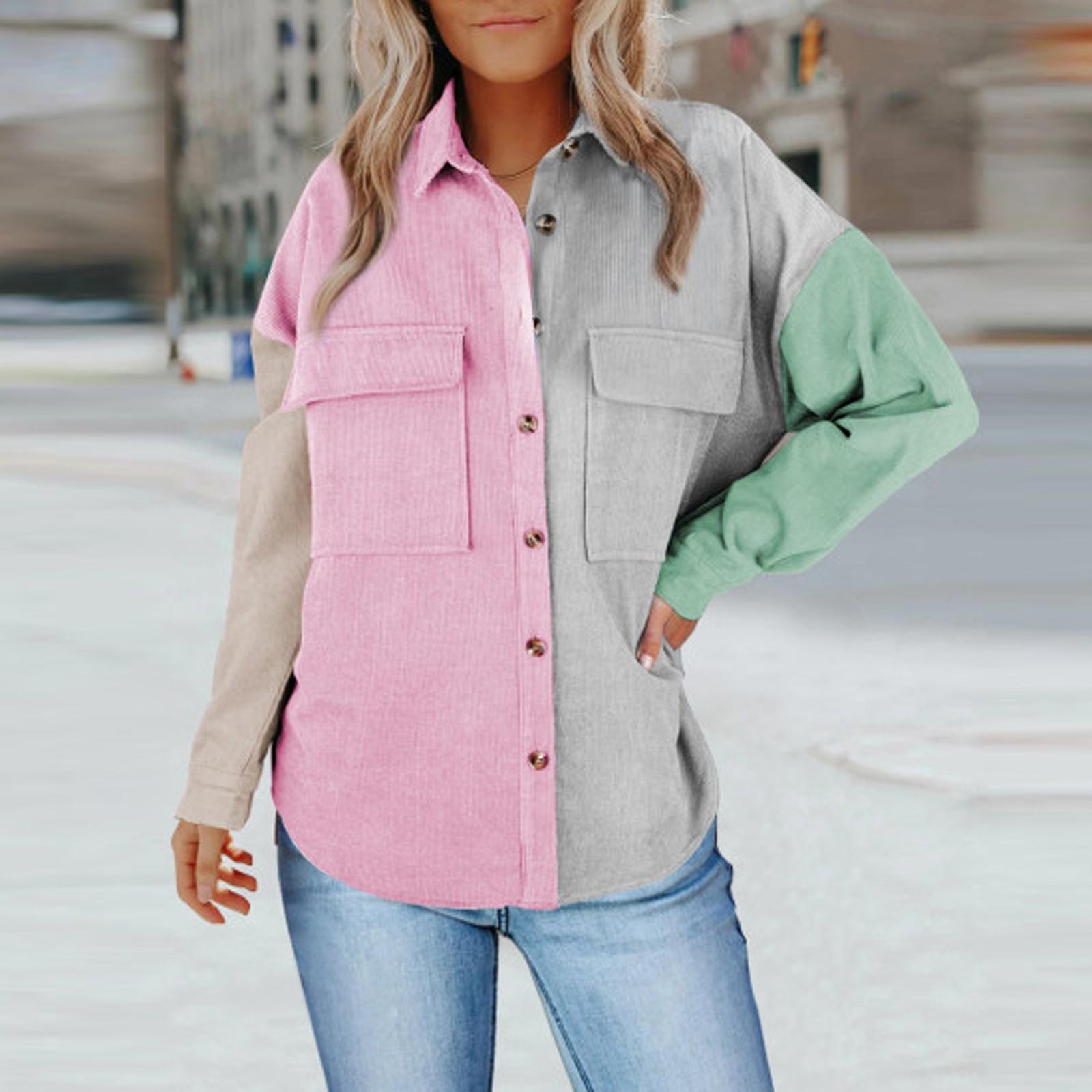 

Womens Corduroy Button Down Shirts Boyfriend Long Sleeve Oversized Blouses Tops XXL рожевий
