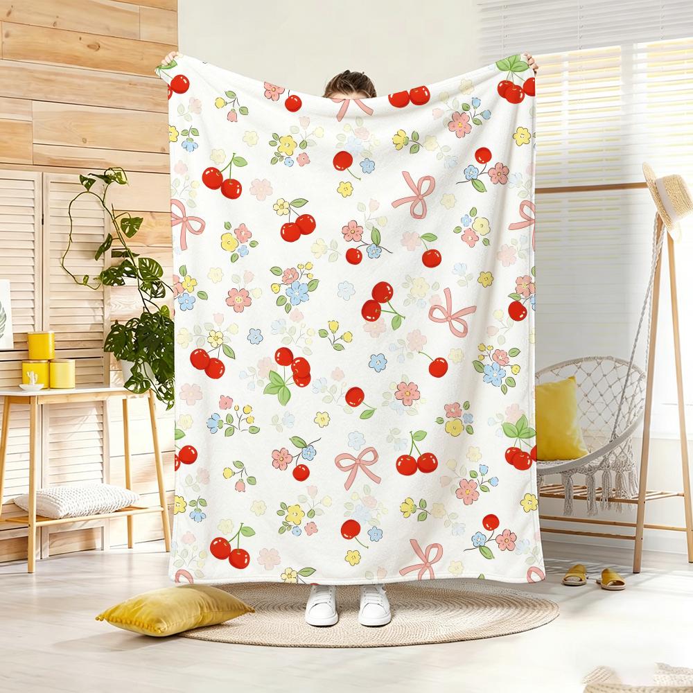Art Illustration C-Cherry Floral Bow Throw Lightweight 240g Flannel Blanket Soft Skin-friendly for Summer Cooling