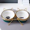 Set of 2 x 300ml double bowl for cat and dog on a stand, ceramic, gold ears, PetJet