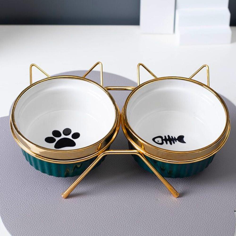 Set of 2 x 300ml double bowl for cat and dog on a stand, ceramic, gold ears, PetJet