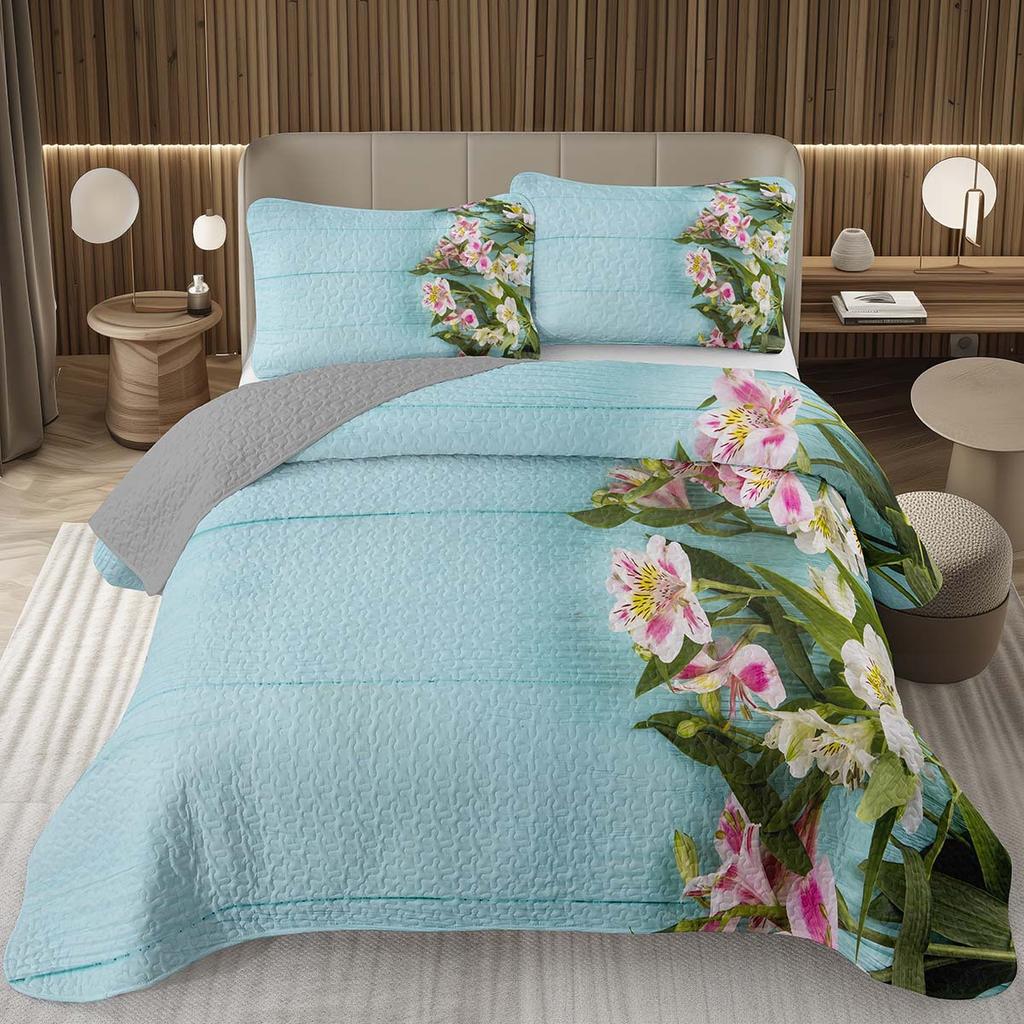 Spring Garden Flower Bedspread for Girls Teen Botanical Floral Coverlet Twin Queen Quilt Set Reversible Grey Quilted Bedding Set