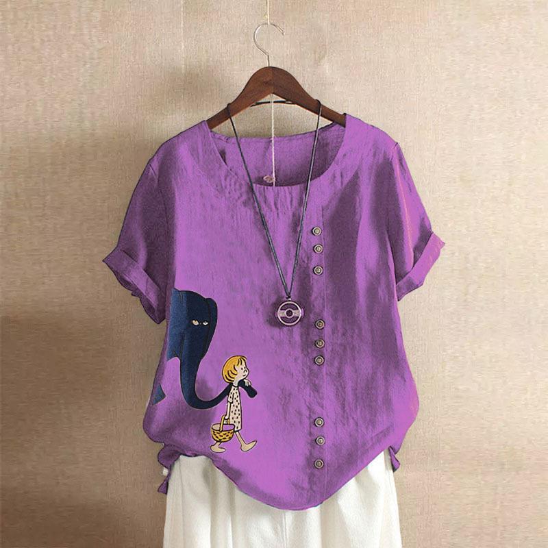 GMXIA Summer Vintage Plus-size Casual Loose Cotton and Linen Short Sleeve Pullover T-shirt Cotton and Linen Women Plus-size Women's Wear