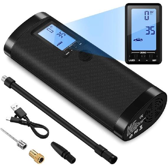 VEEAPE Air Compressor Portable Tire Inflator, 150PSI Electric Air Pump with Pressure Gauge, Heat Dissipation, Rechargeable, Power Bank, LED Light, Cordless-black