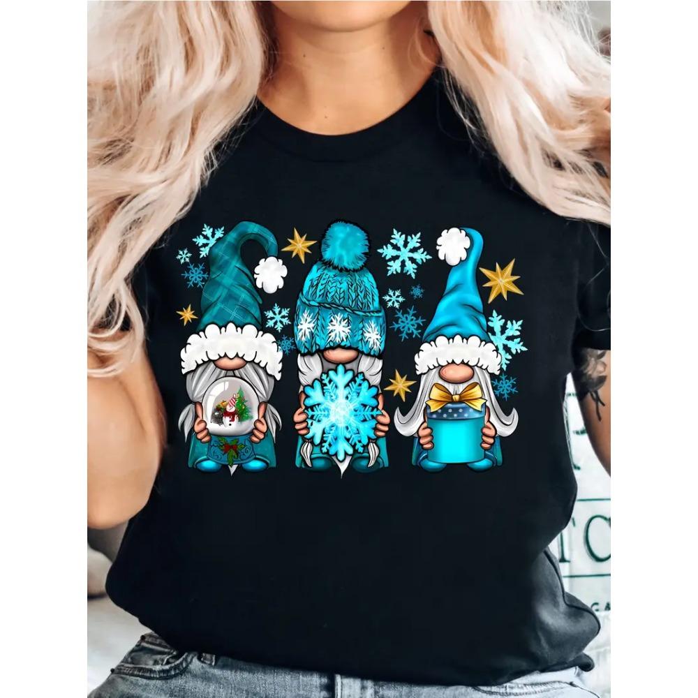 Women's Christmas Dwarf Pattern T-shirt Short Sleeve Round Neck Casual Top Washable Holiday Party Women's Clothing